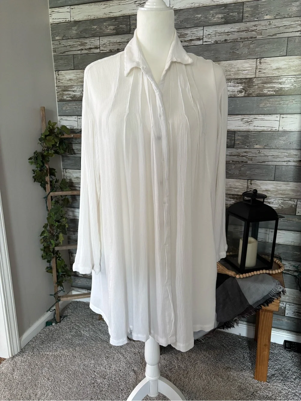 Free People Oversized Boho Button Down Tunic White Shirt/Dress Womens Size S
